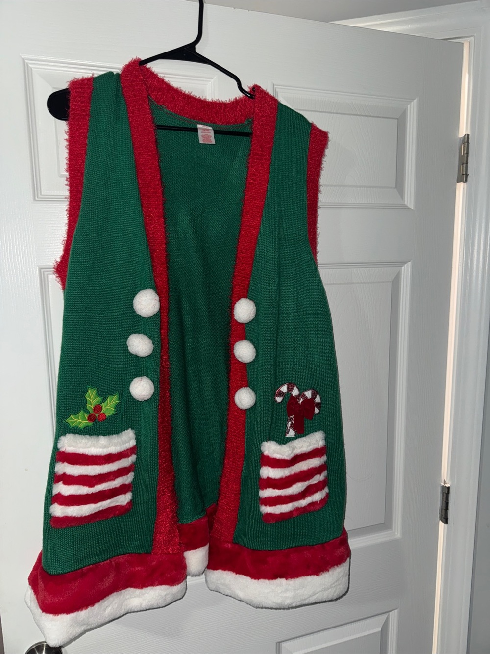 Holiday Time Green Knit Sweater Vest with Red Fuzzy Trim